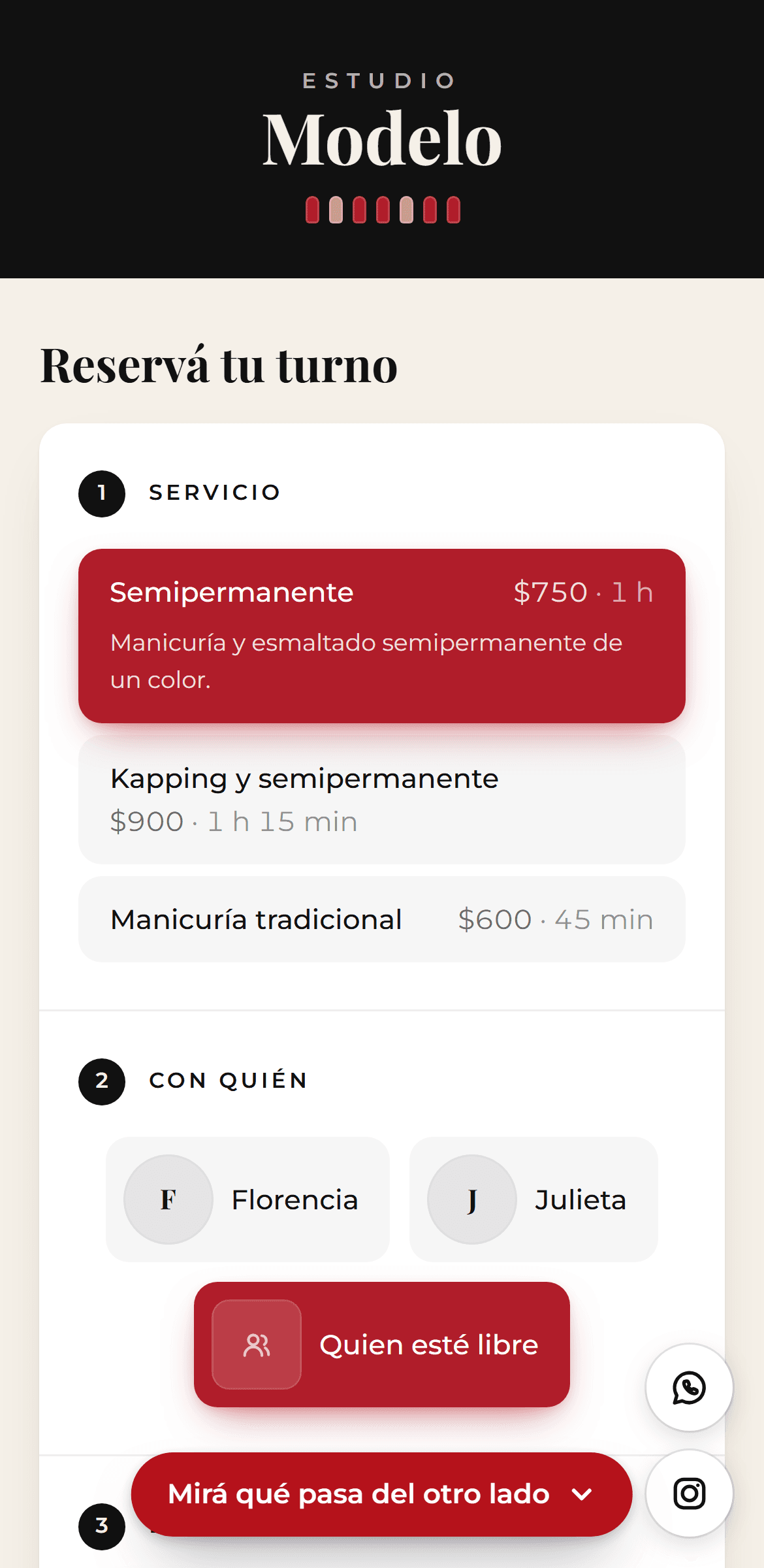La página de reservas de un salón, con los servicios y los horarios libres.